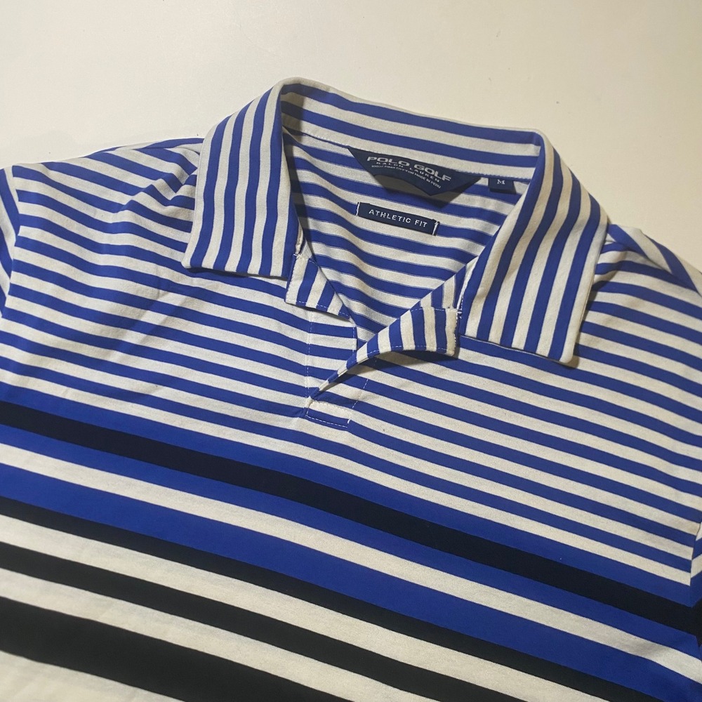 Polo Golf Ralph Lauren Mens Blue White Striped Pima Cotton Athletic Fit Polo M
